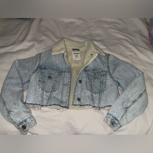 Cropped jean jacket with fleece lining